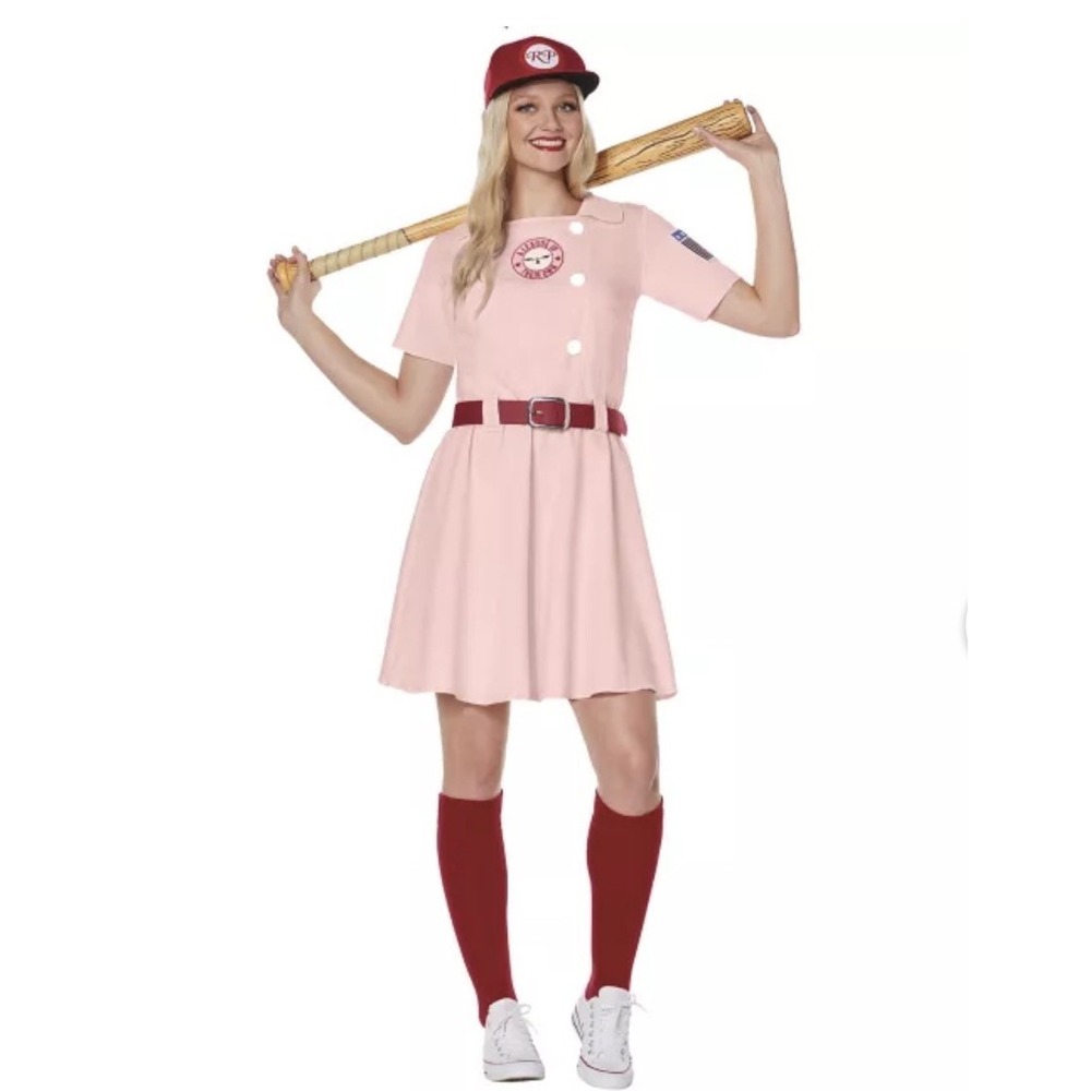 Rockford Peach Baseball Uniform Women's Med 8-10 Costume Dress Hat Belt Socks